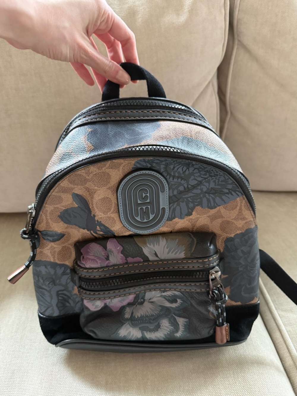 Coach Brown Floral Coated Canvas Mini Backpack with Black Accents